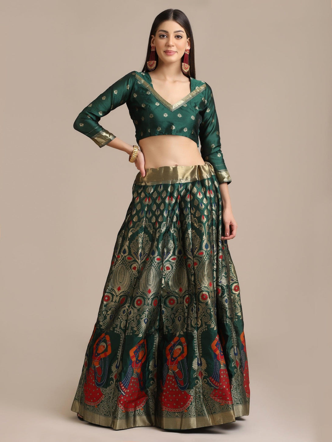 Green and Red Jacquard Silk Lehenga Choli with Zari Work - Indiakreations