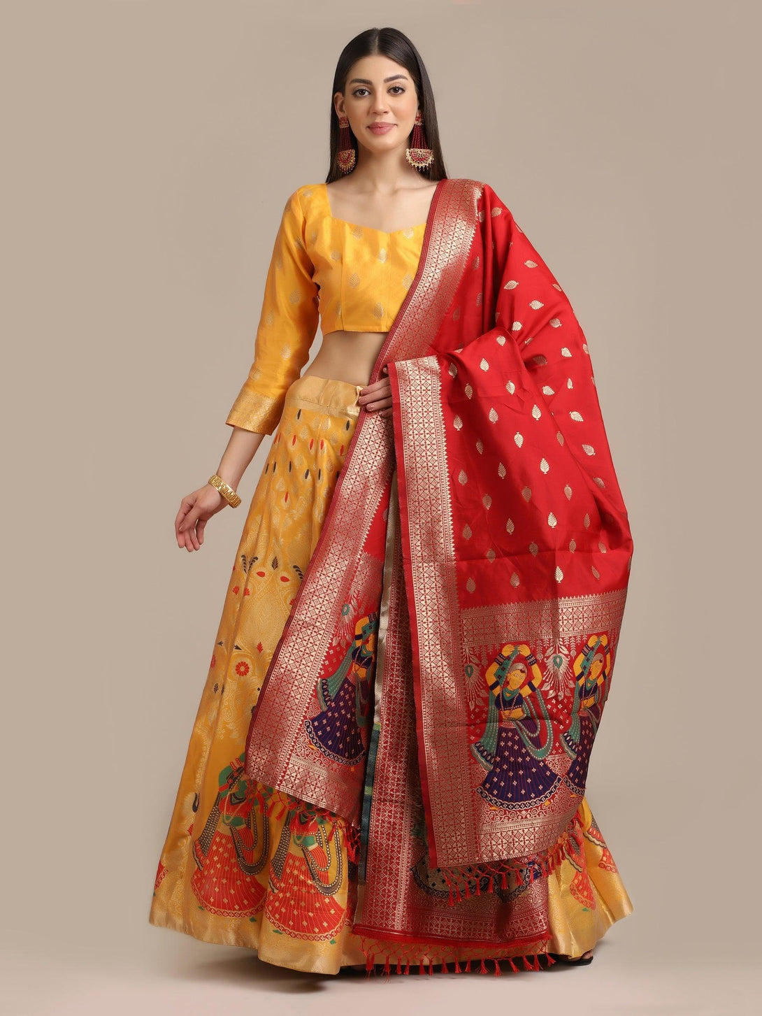 Yellow Jacquard Silk Lehenga Choli with Zari Work - Indiakreations