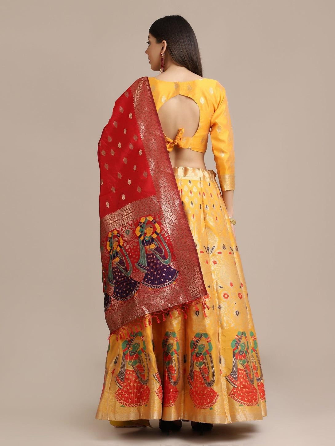 Yellow Jacquard Silk Lehenga Choli with Zari Work - Indiakreations