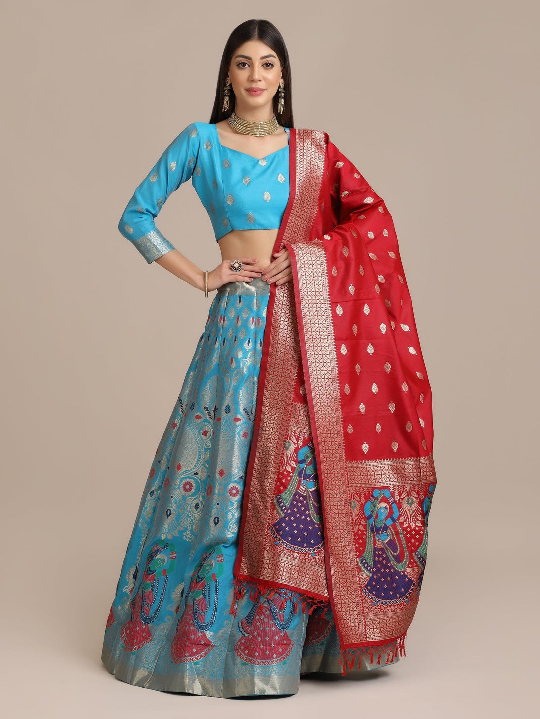 Sky Blue Jacquard Silk Lehenga Choli with Zari Work - Indiakreations