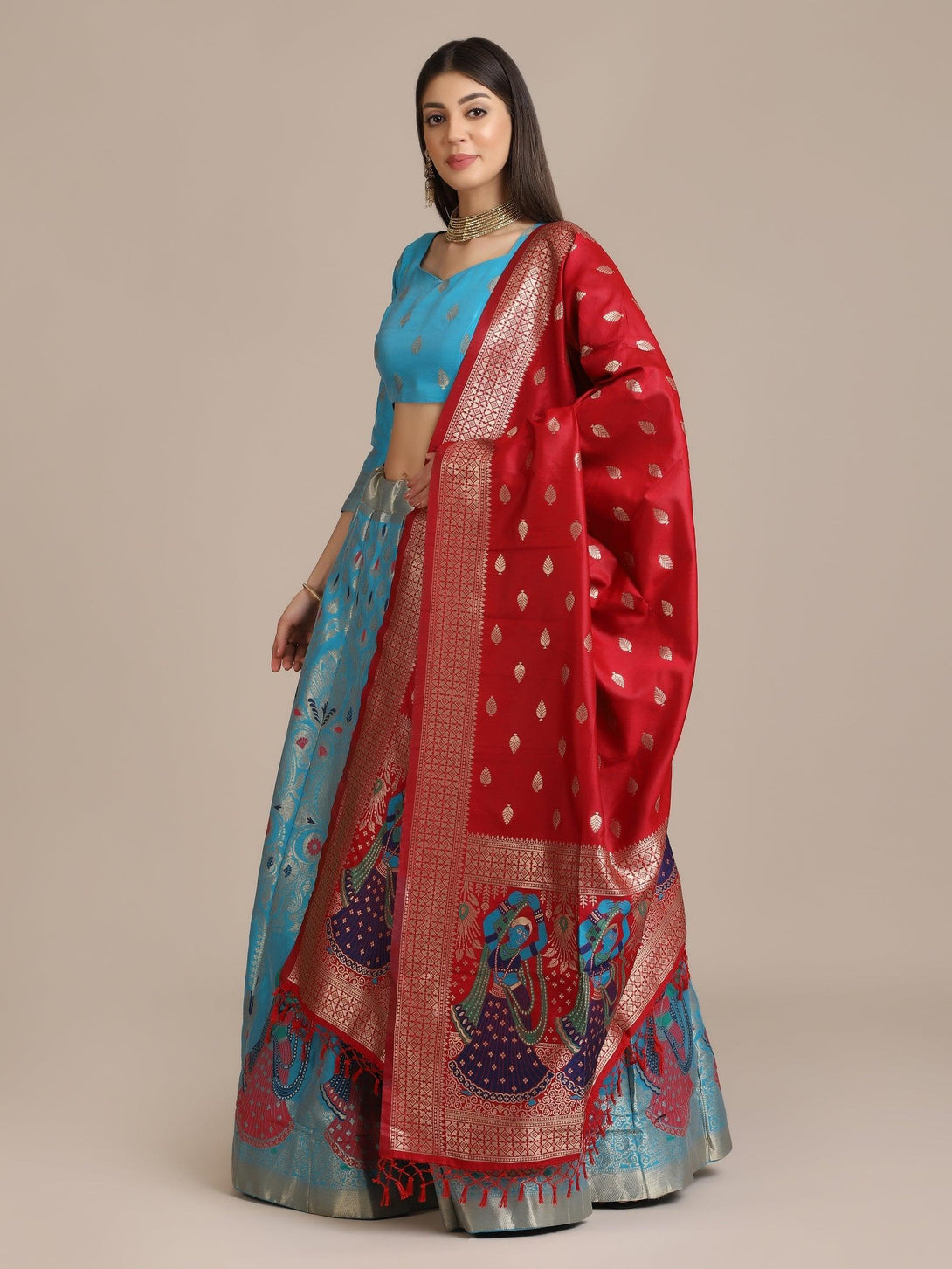 Sky Blue Jacquard Silk Lehenga Choli with Zari Work - Indiakreations