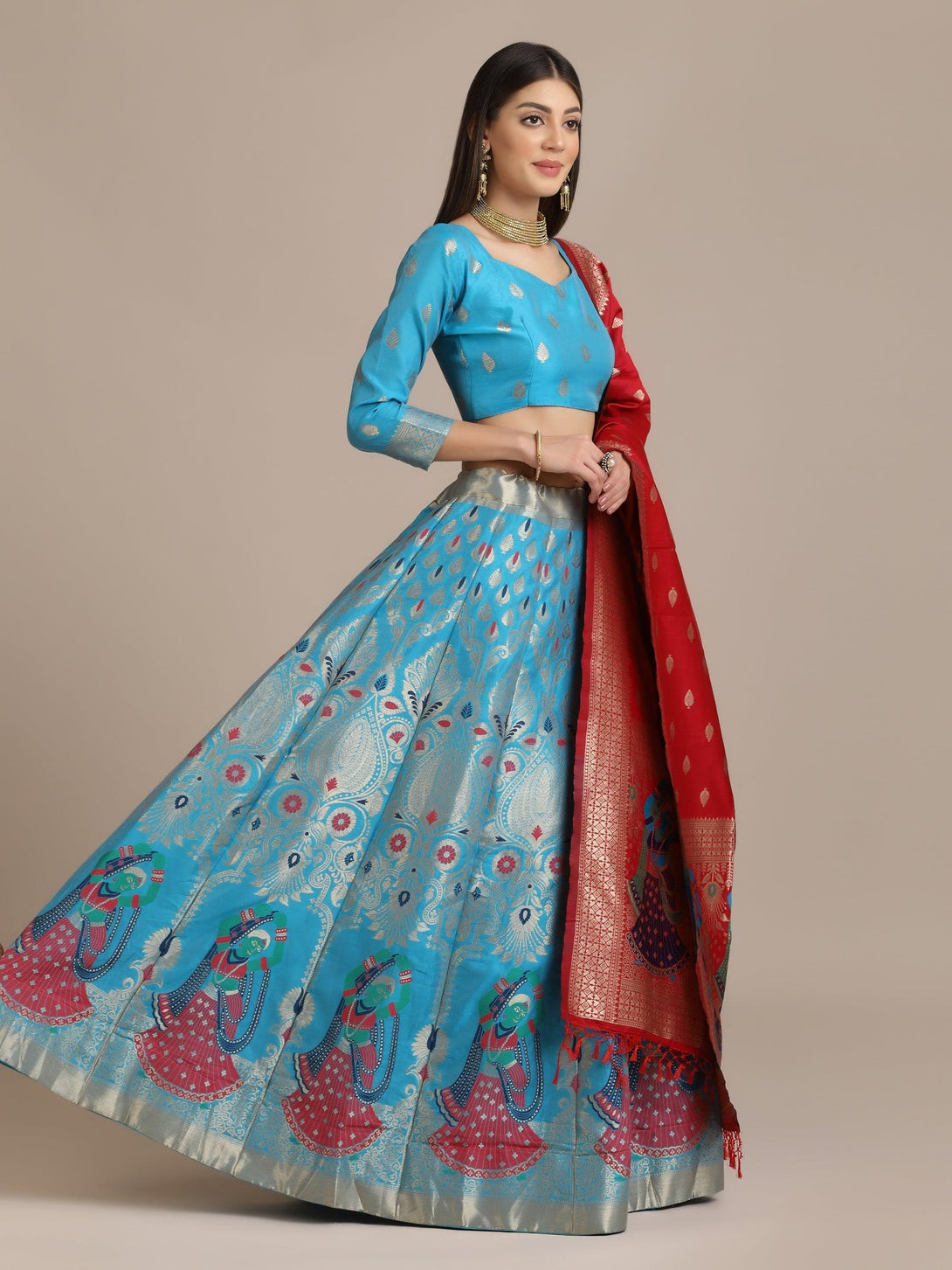 Sky Blue Jacquard Silk Lehenga Choli with Zari Work - Indiakreations