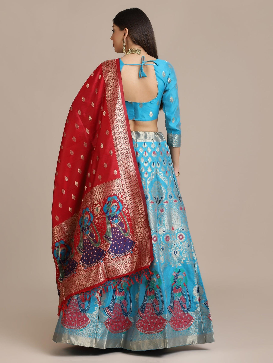 Sky Blue Jacquard Silk Lehenga Choli with Zari Work - Indiakreations