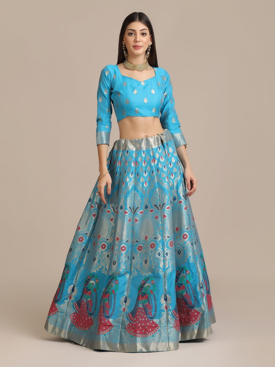 Sky Blue Jacquard Silk Lehenga Choli with Zari Work - Indiakreations