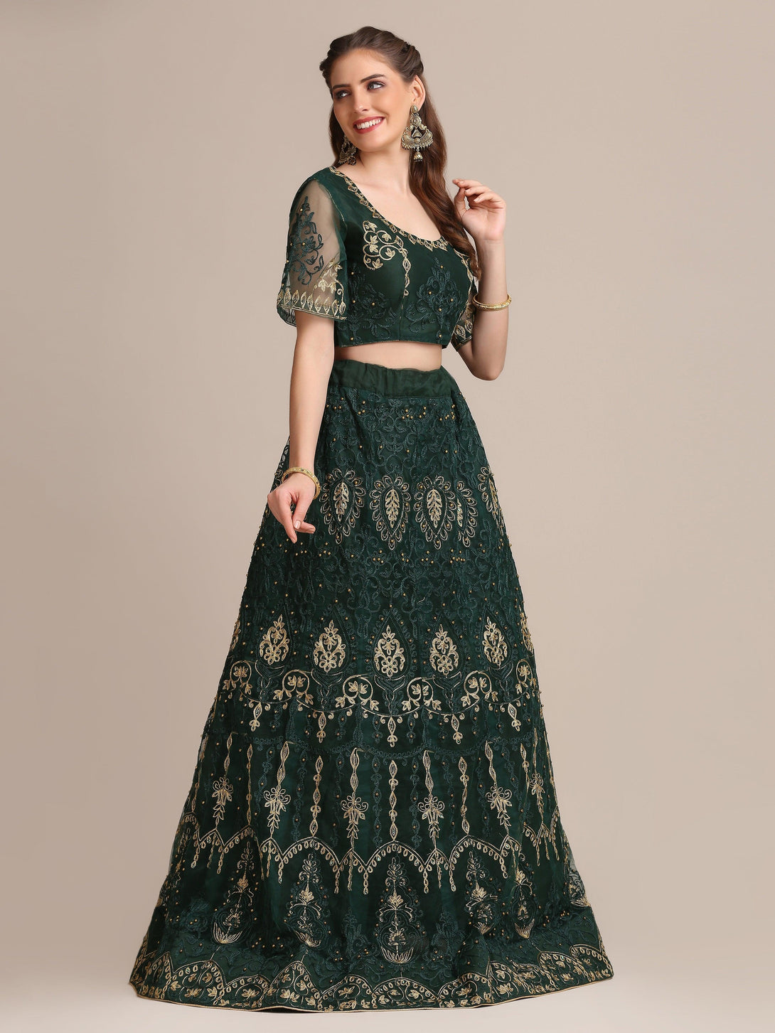 Dark Green Heavy Net Lehenga Choli with Gold Embroidery - Indiakreations