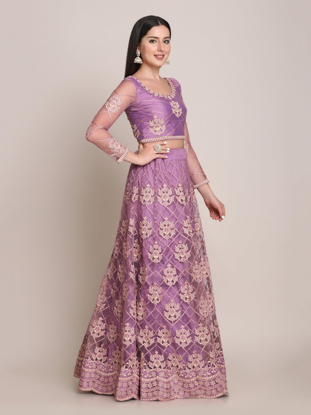 Purple and Cream Net Lehenga Choli with Floral Embroidery - Indiakreations