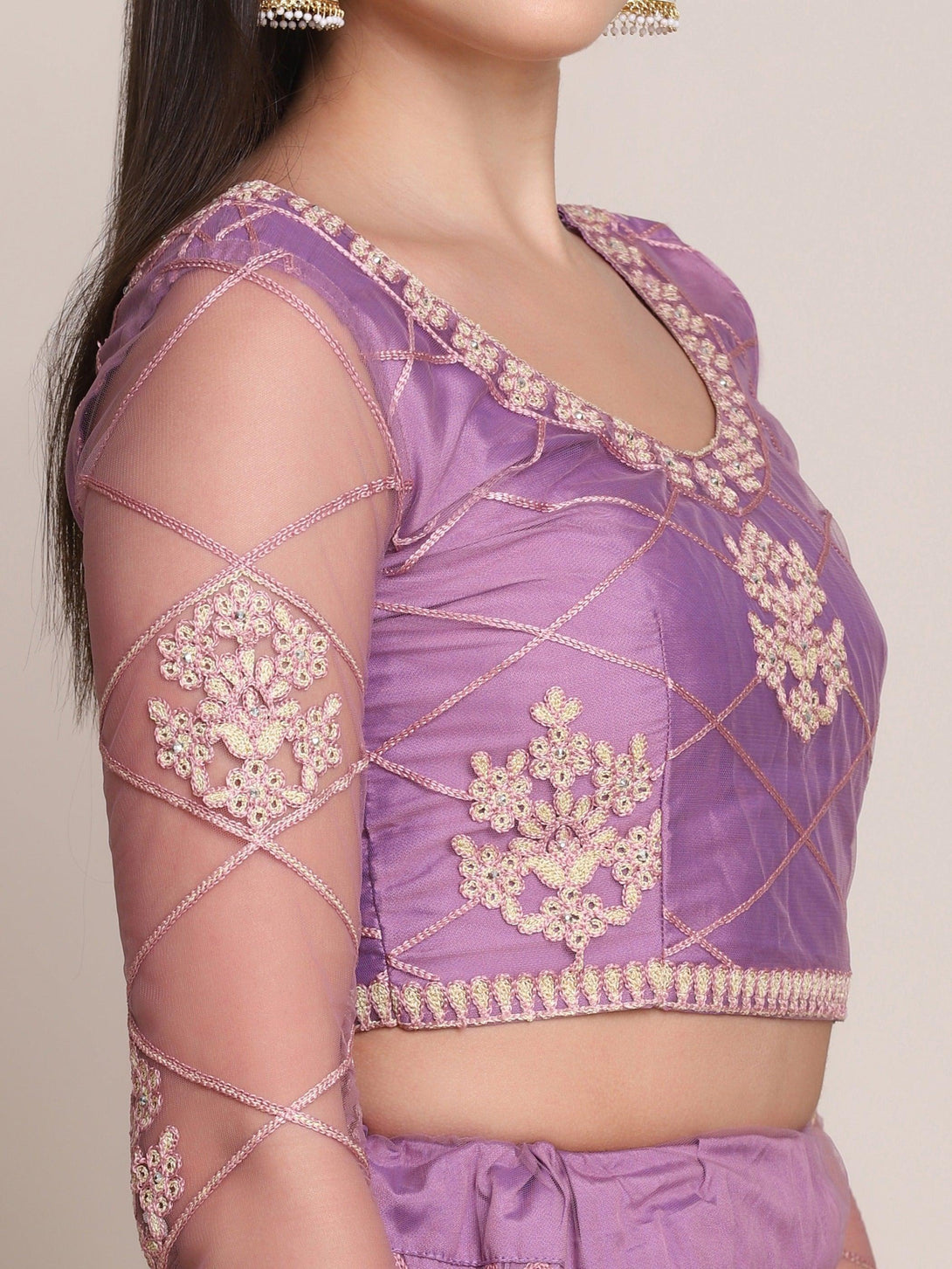 Purple and Cream Net Lehenga Choli with Floral Embroidery - Indiakreations