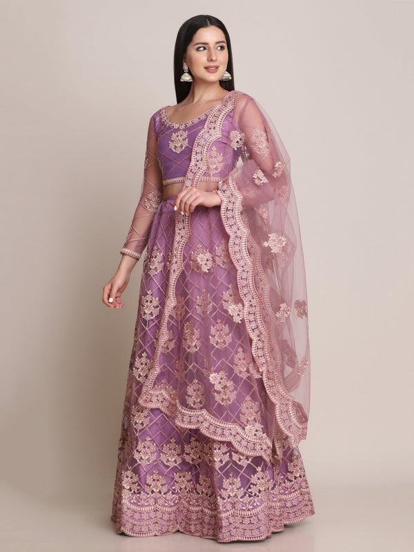 Purple and Cream Net Lehenga Choli with Floral Embroidery - Indiakreations