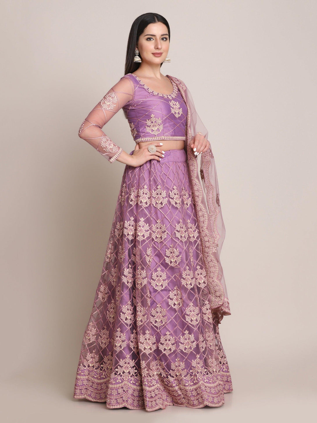 Purple and Cream Net Lehenga Choli with Floral Embroidery - Indiakreations