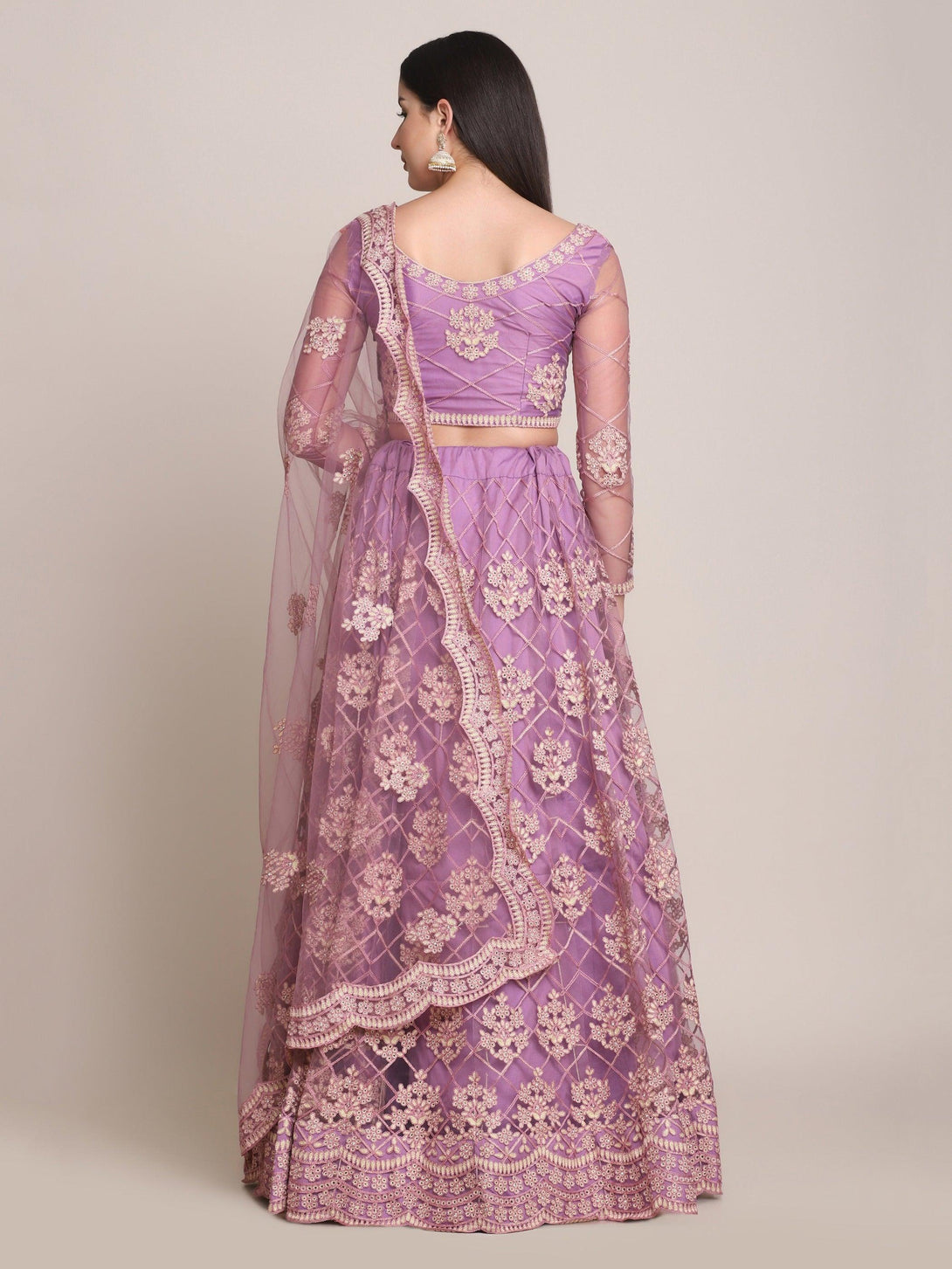 Purple and Cream Net Lehenga Choli with Floral Embroidery - Indiakreations