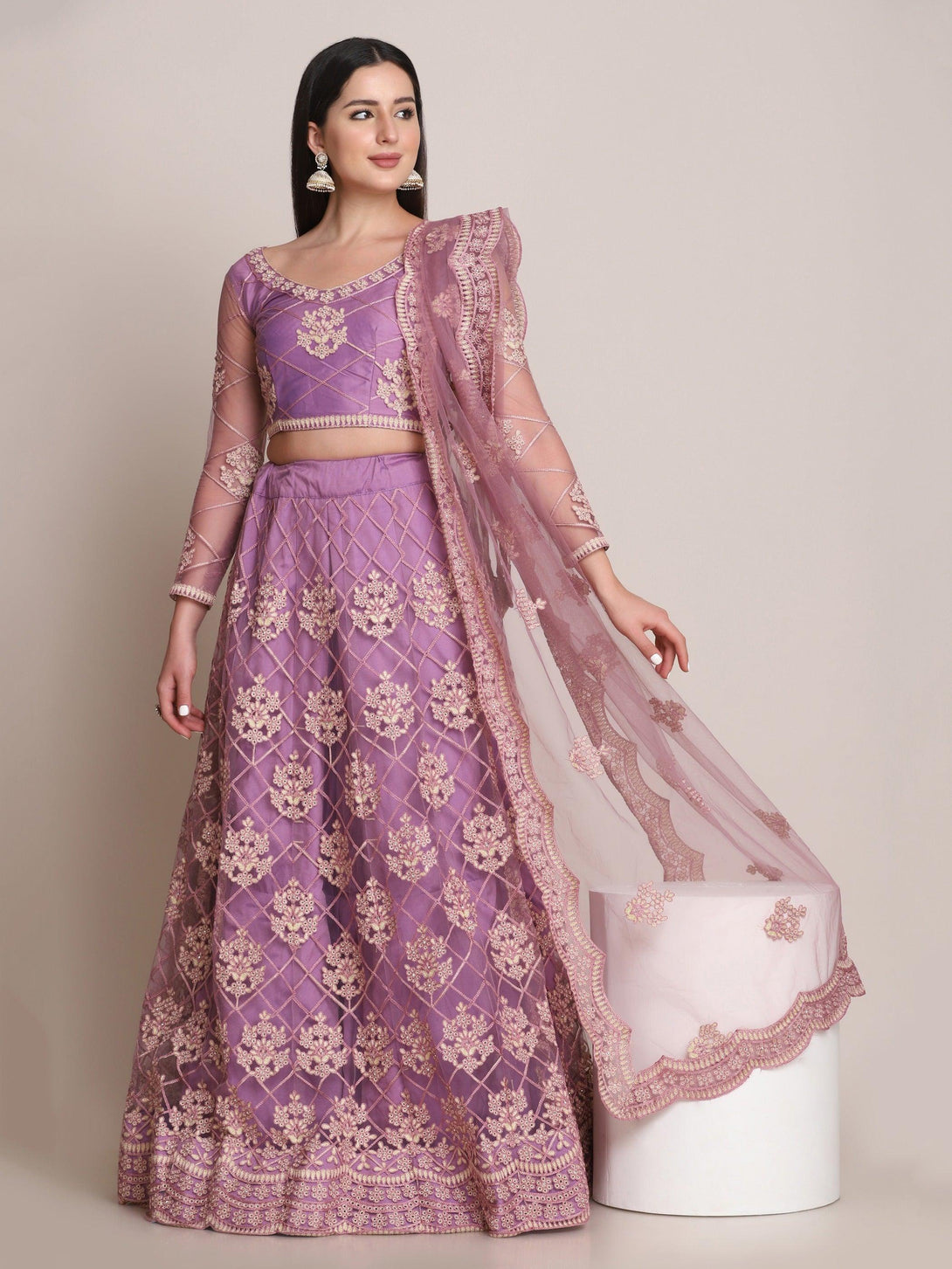 Purple and Cream Net Lehenga Choli with Floral Embroidery - Indiakreations