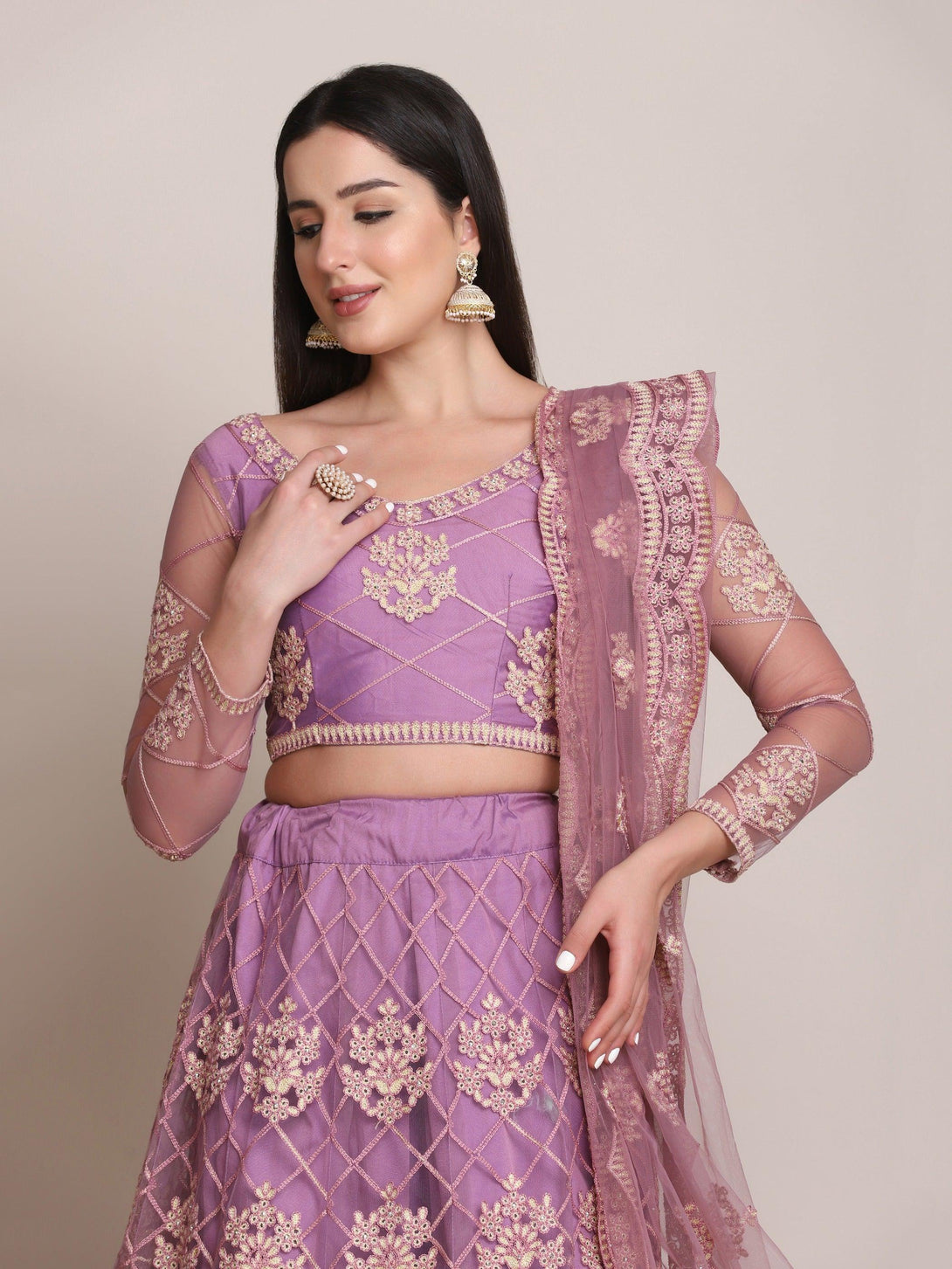 Purple and Cream Net Lehenga Choli with Floral Embroidery - Indiakreations