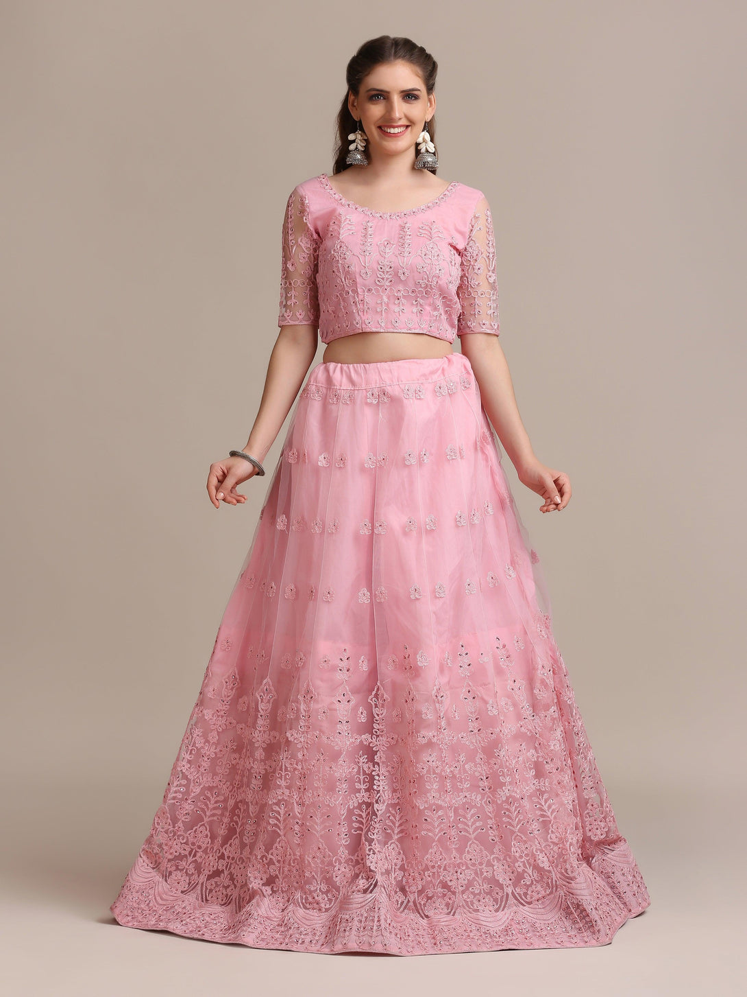 Heavy Net Lehenga Choli with Ethinc Embroidery in Light Pink - Indiakreations