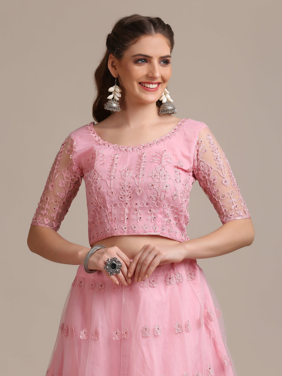 Heavy Net Lehenga Choli with Ethinc Embroidery in Light Pink - Indiakreations