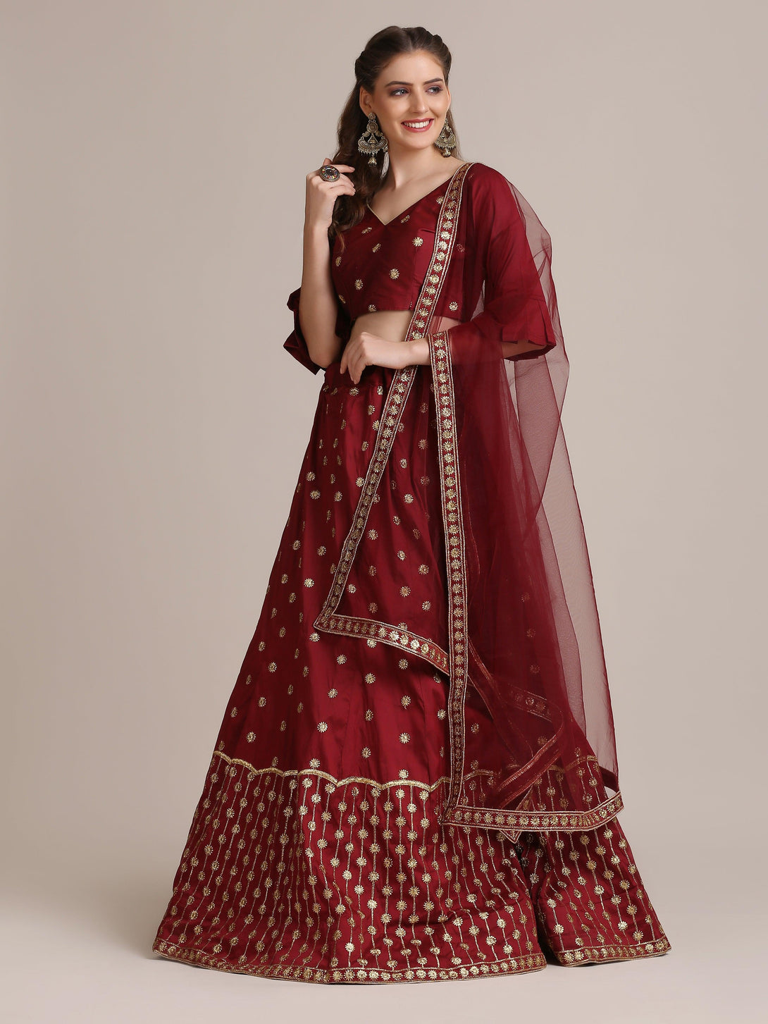 Maroon Taffeta Silk Lehenga Choli with Emboidery - Indiakreations