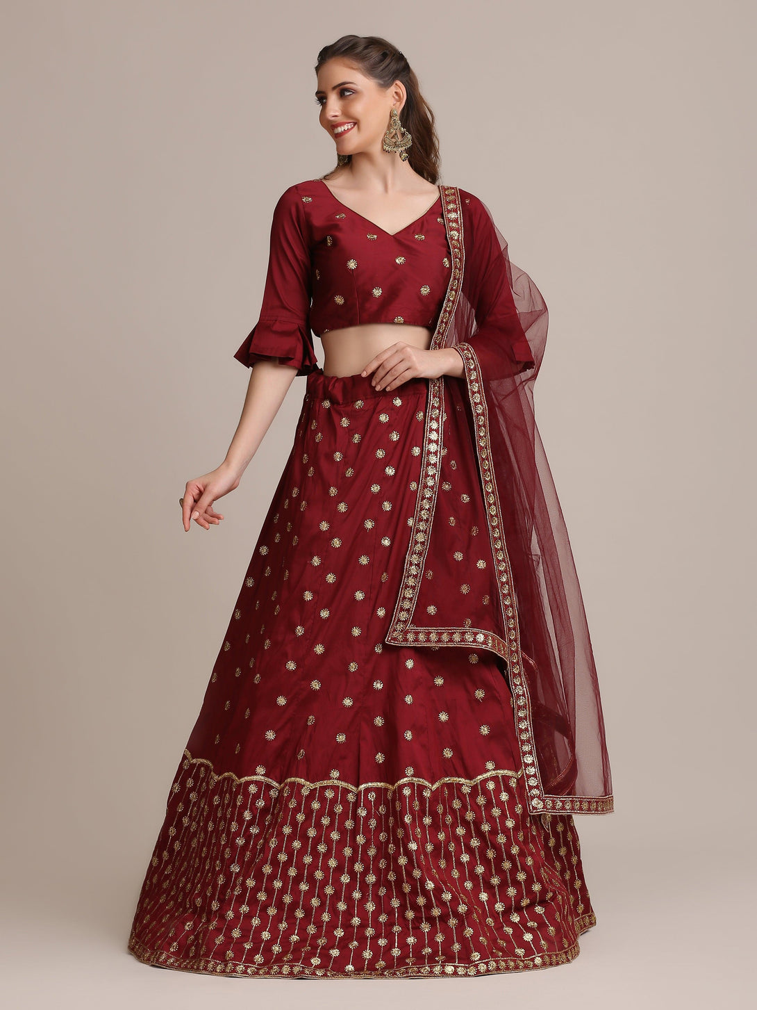 Maroon Taffeta Silk Lehenga Choli with Emboidery - Indiakreations