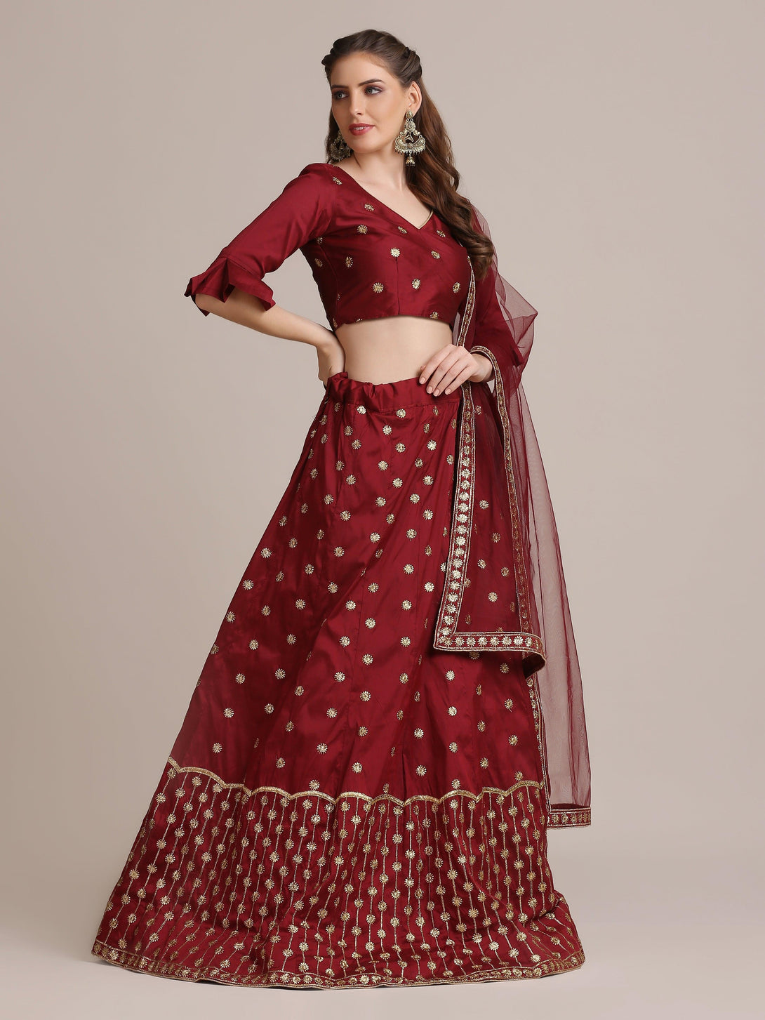 Maroon Taffeta Silk Lehenga Choli with Emboidery - Indiakreations