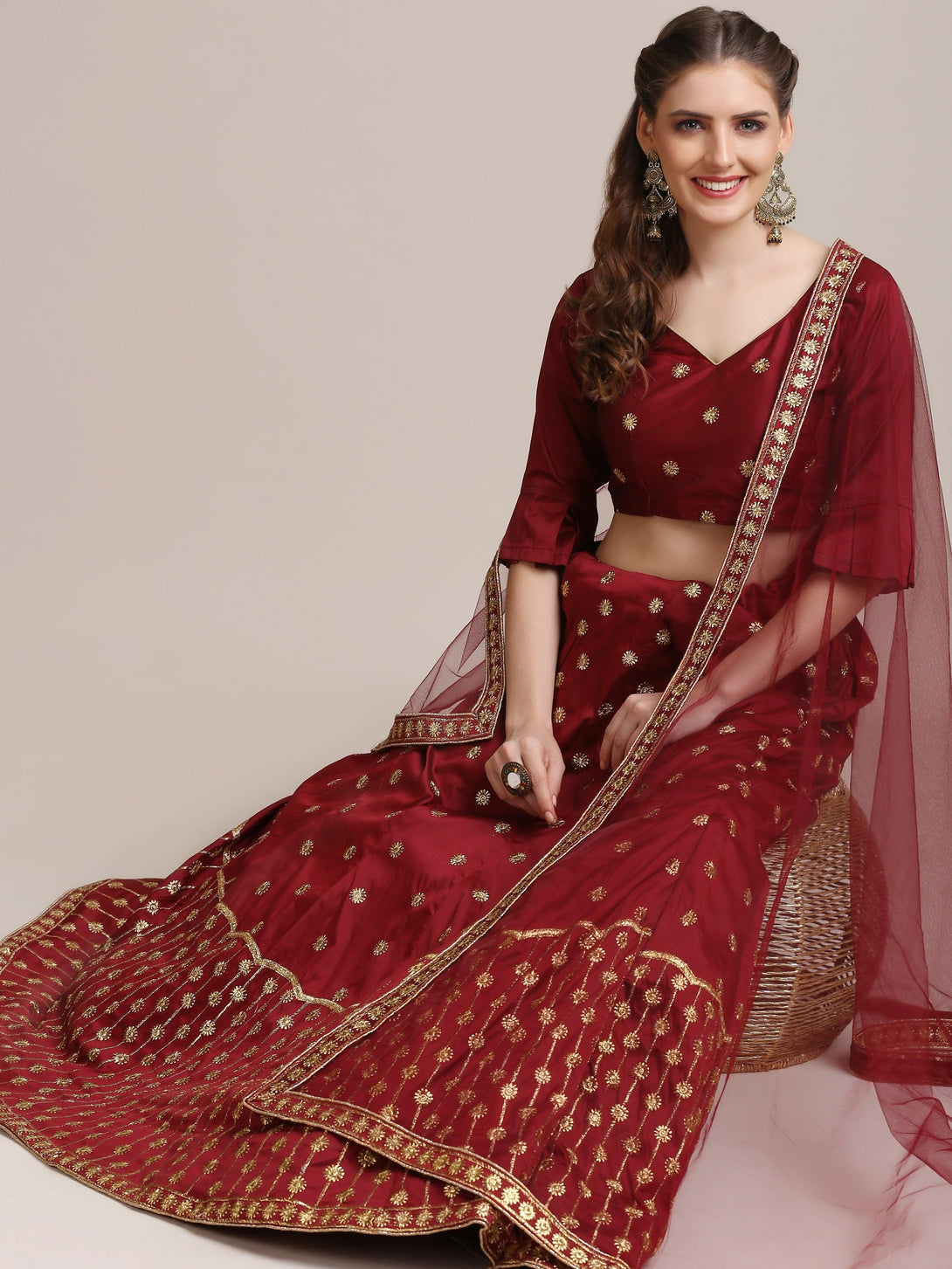 Maroon Taffeta Silk Lehenga Choli with Emboidery - Indiakreations