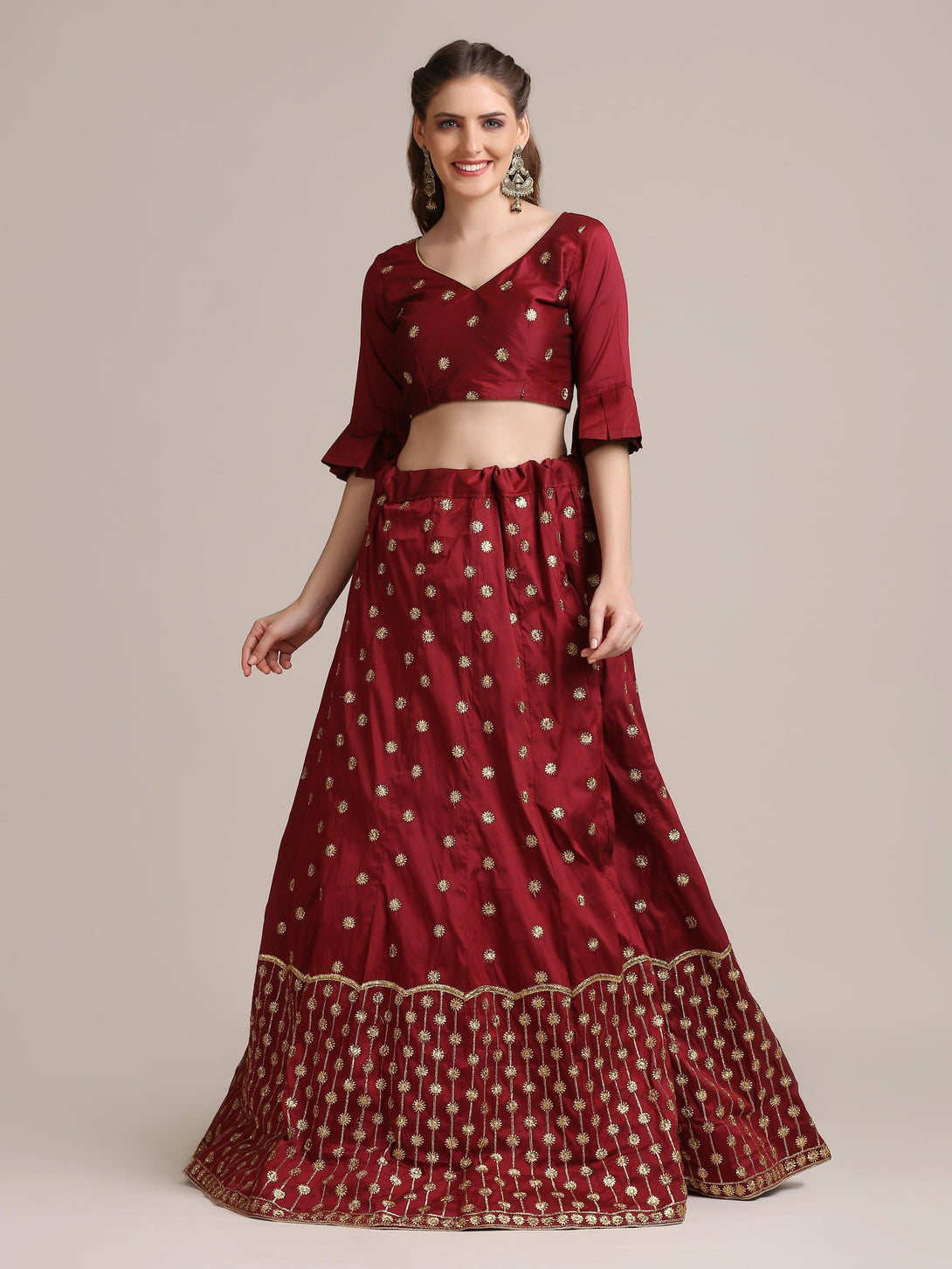 Maroon Taffeta Silk Lehenga Choli with Emboidery - Indiakreations