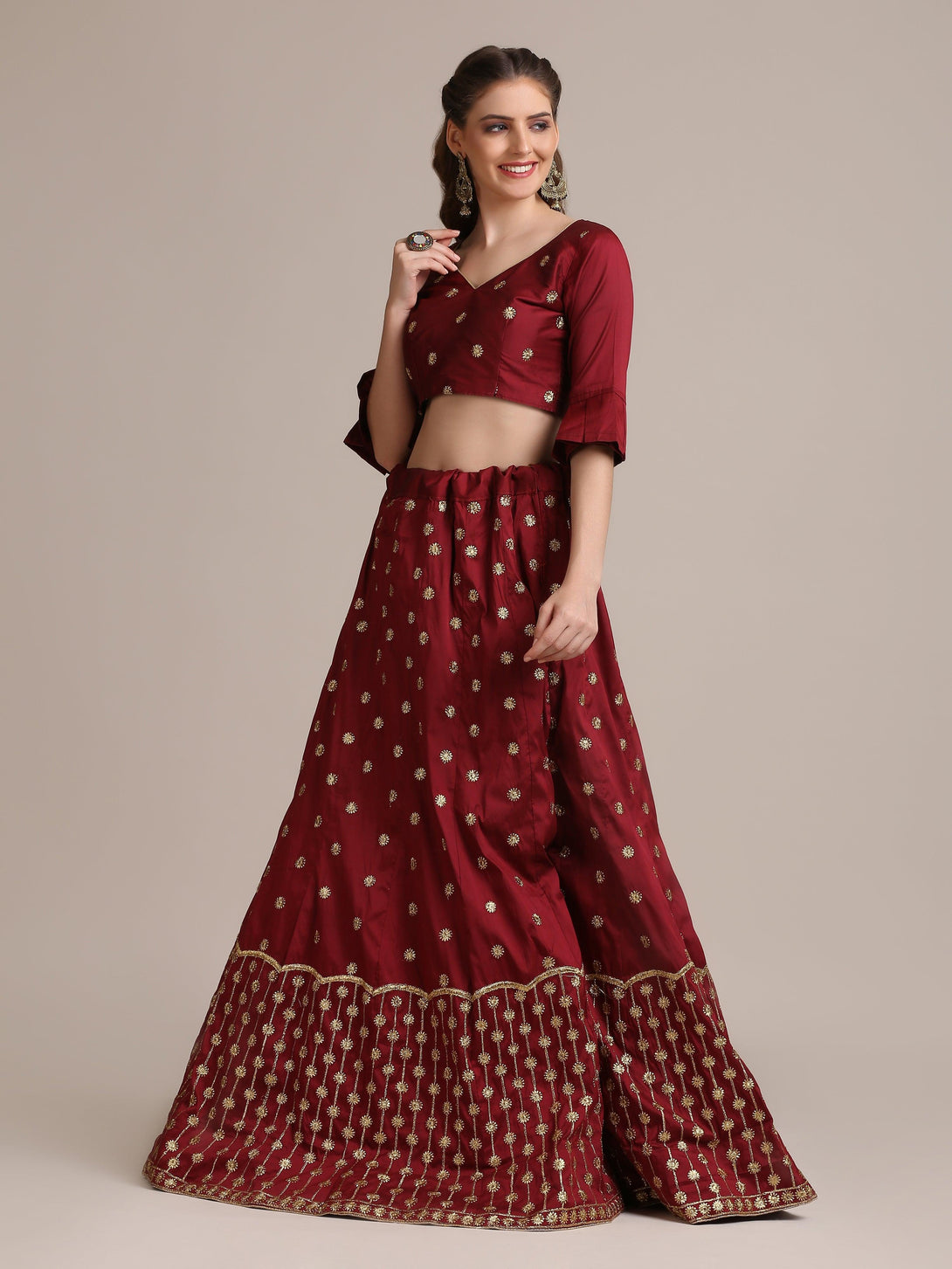 Maroon Taffeta Silk Lehenga Choli with Emboidery - Indiakreations