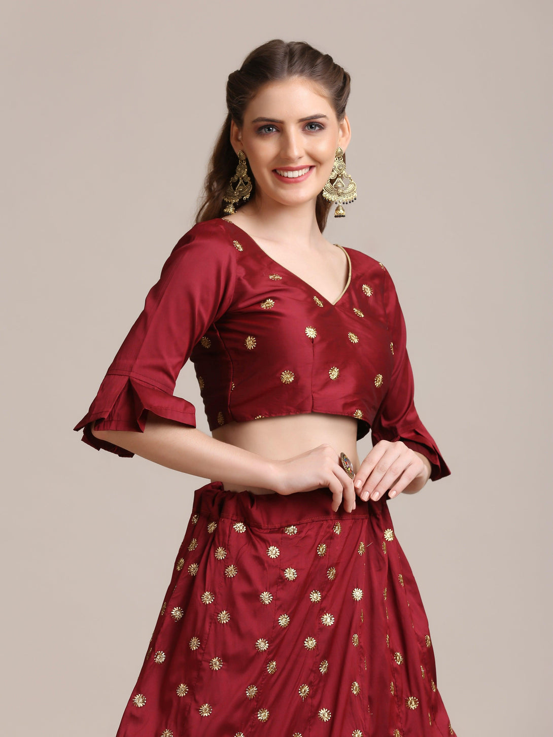 Maroon Taffeta Silk Lehenga Choli with Emboidery - Indiakreations