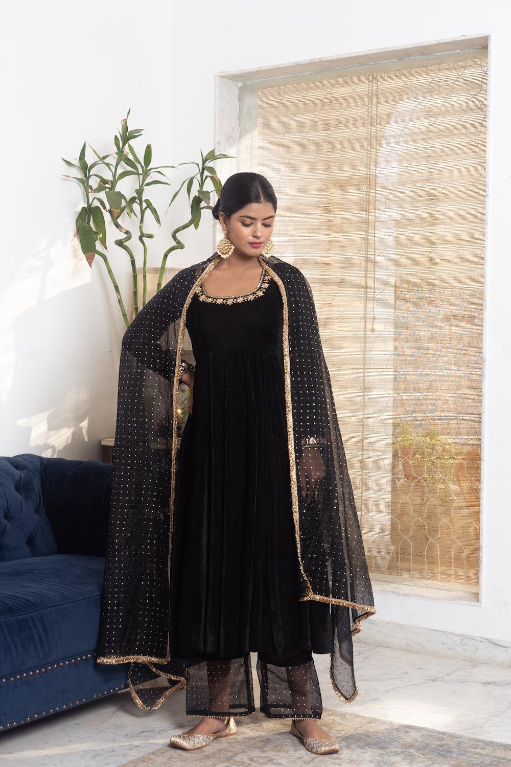 Khwabidah Black Anarkali Set of 3 - Indiakreations