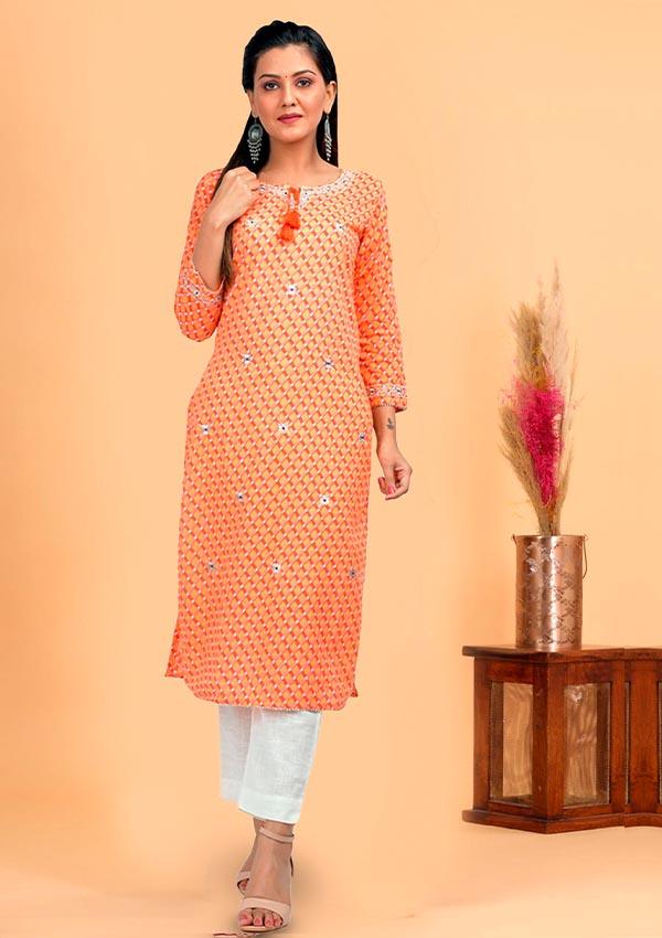 Orange Leheria Printed Straight Kurta - Indiakreations