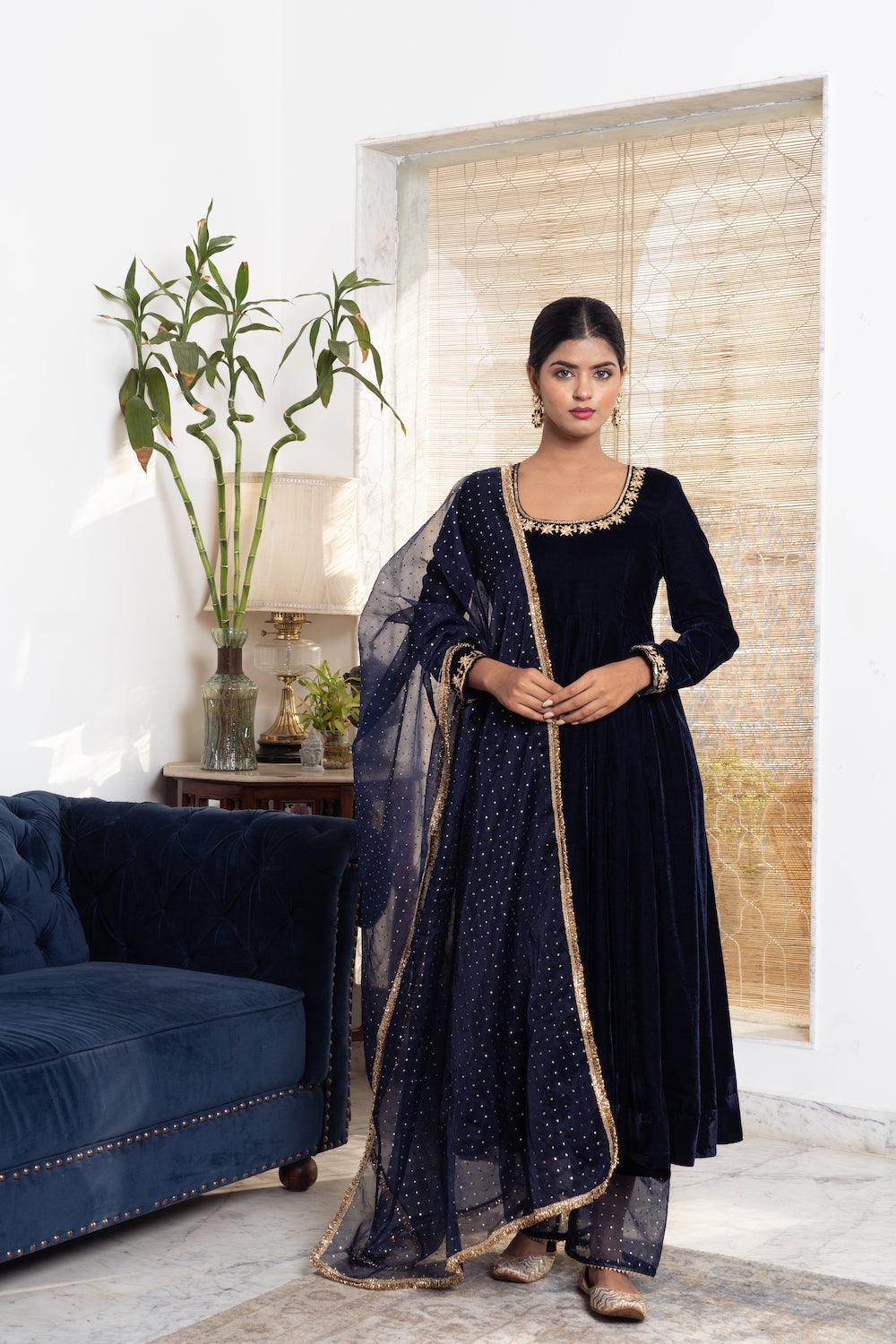 Khwabidah Navy Blue Anarkali Set of 3 - Indiakreations