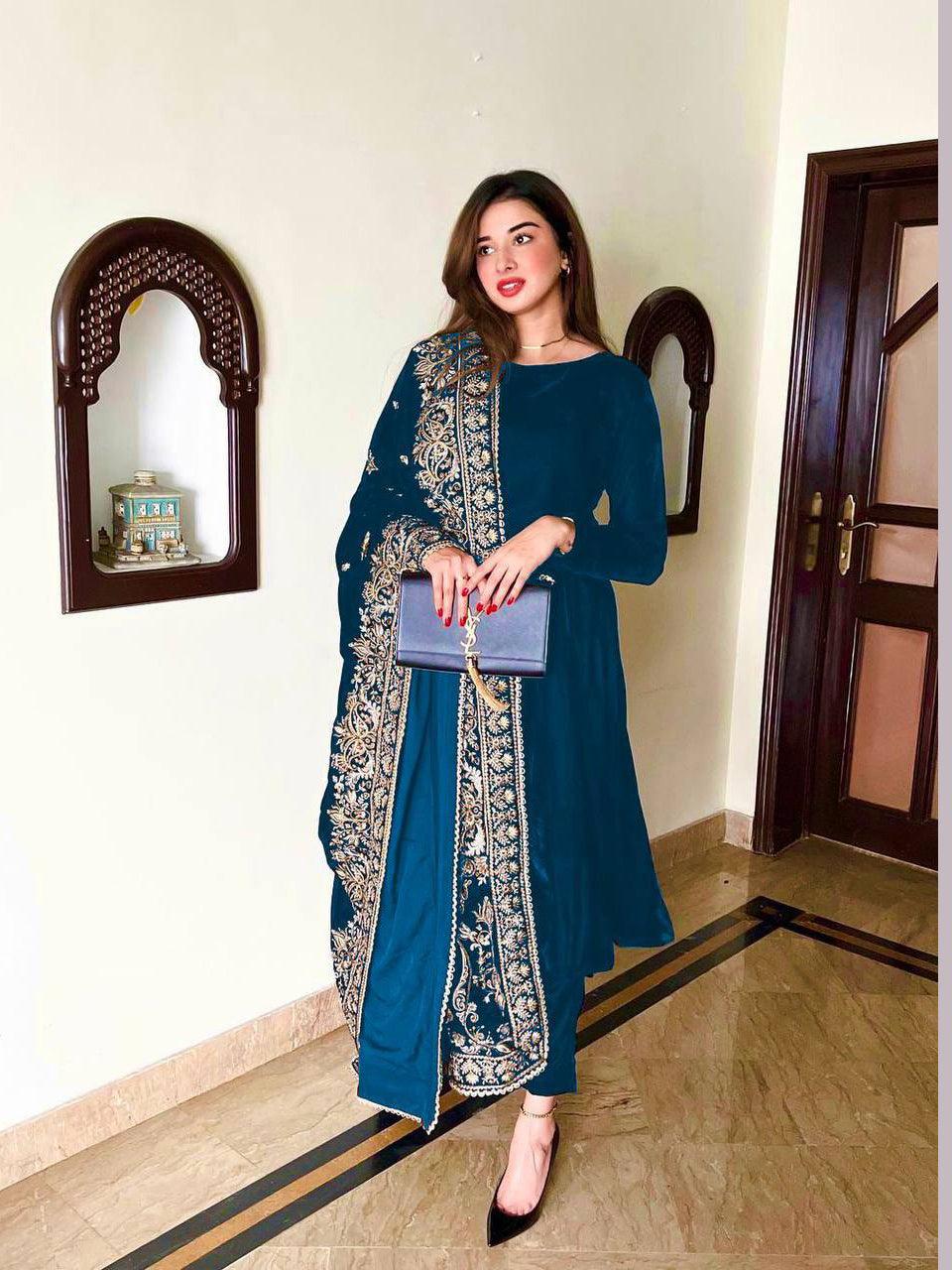 Blue Velvet Embroidery Salwar Suit with Dupatta - Indiakreations