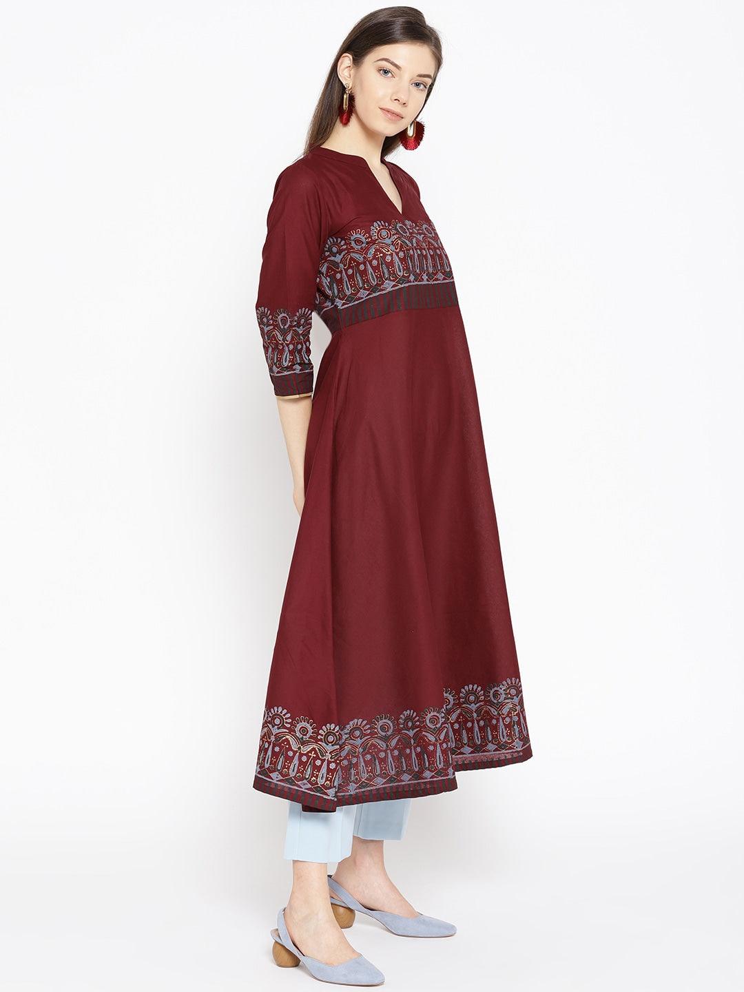 Women's Maroon & Grey Printed A-Line Kurta - Noz2Toz - Indiakreations