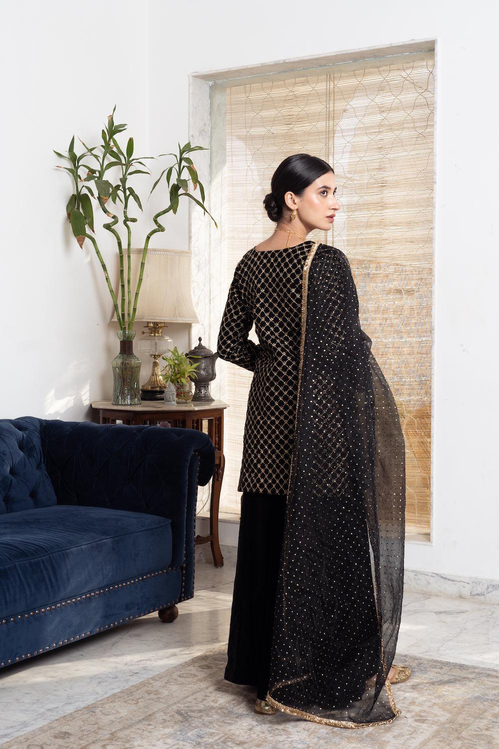 Khwabidah Black Sharara Set of 3 - Indiakreations