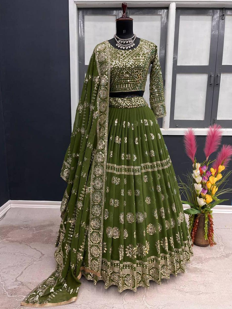 Olive Georgette Embroidery Lehenga Choli with Dupatta - Indiakreations