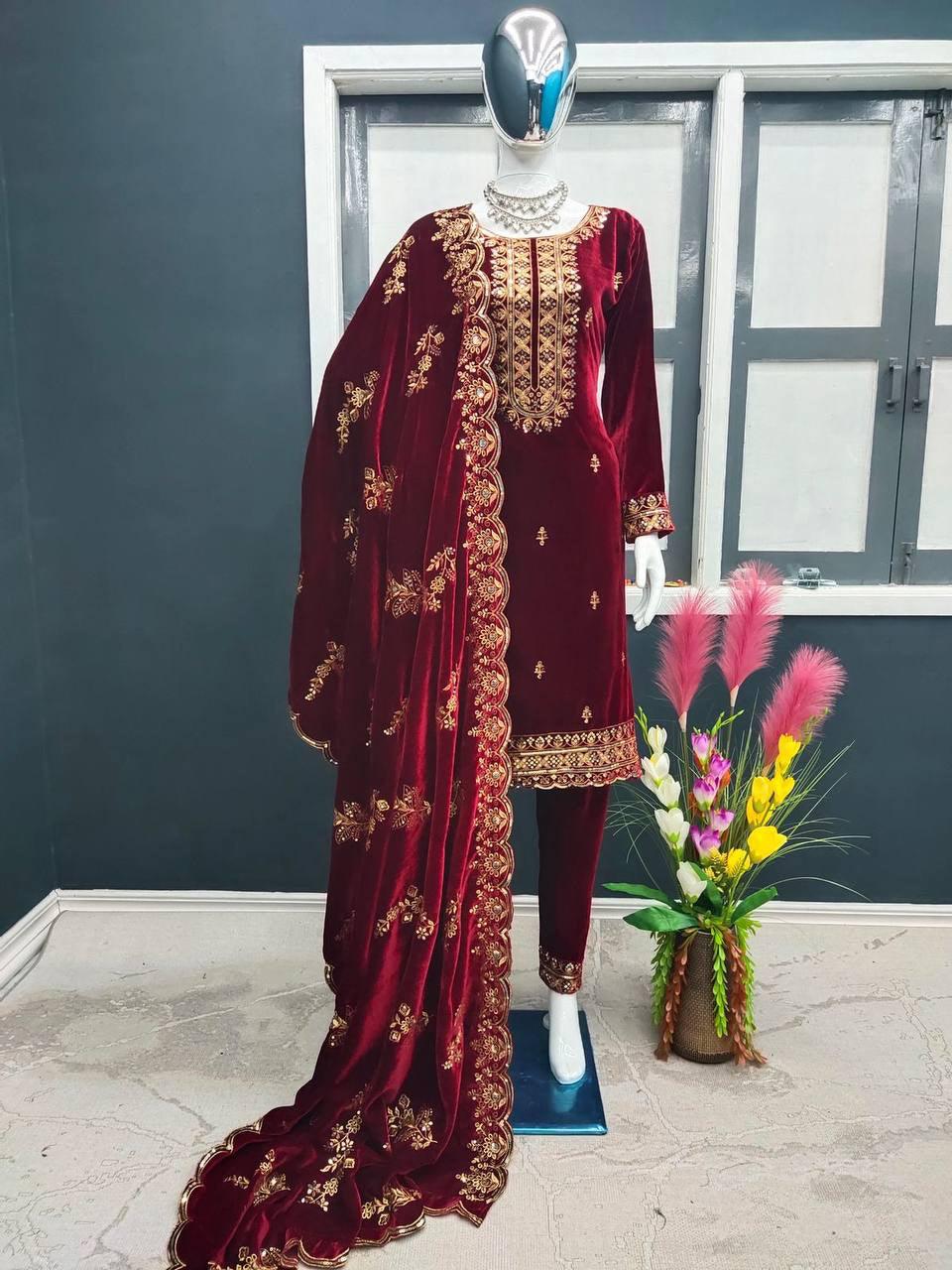 Purple Velvet Embroidery Salwar Suit with Dupatta - Indiakreations