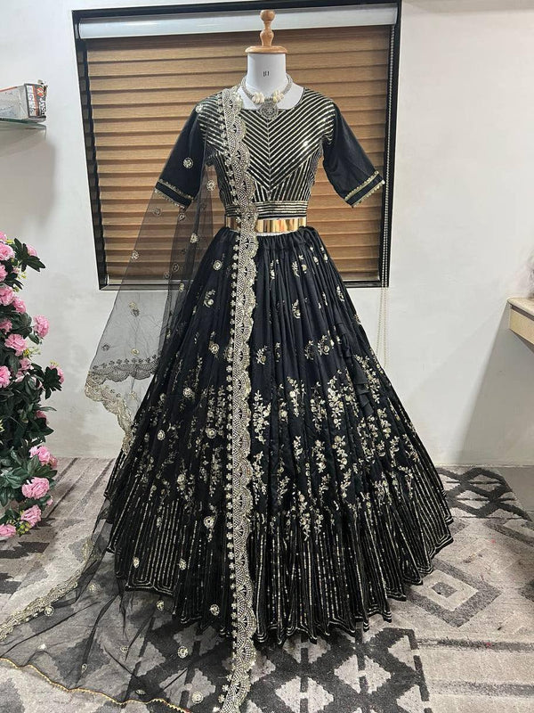 Black Taffeta Silk Embroidery Lehenga Choli with Dupatta - Indiakreations