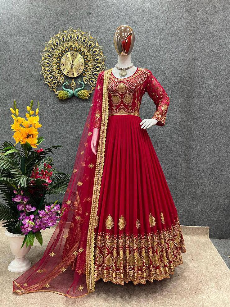 Red Georgette Embroidery Salwar Suit with Dupatta - Indiakreations