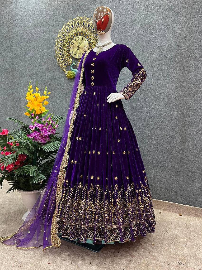 Violet Purple Velvet Embroidery Salwar Suit with Dupatta - Indiakreations