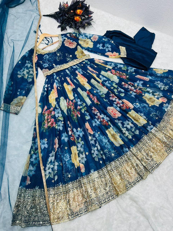 Blue Georgette Embroidery Salwar Suit with Dupatta - Indiakreations