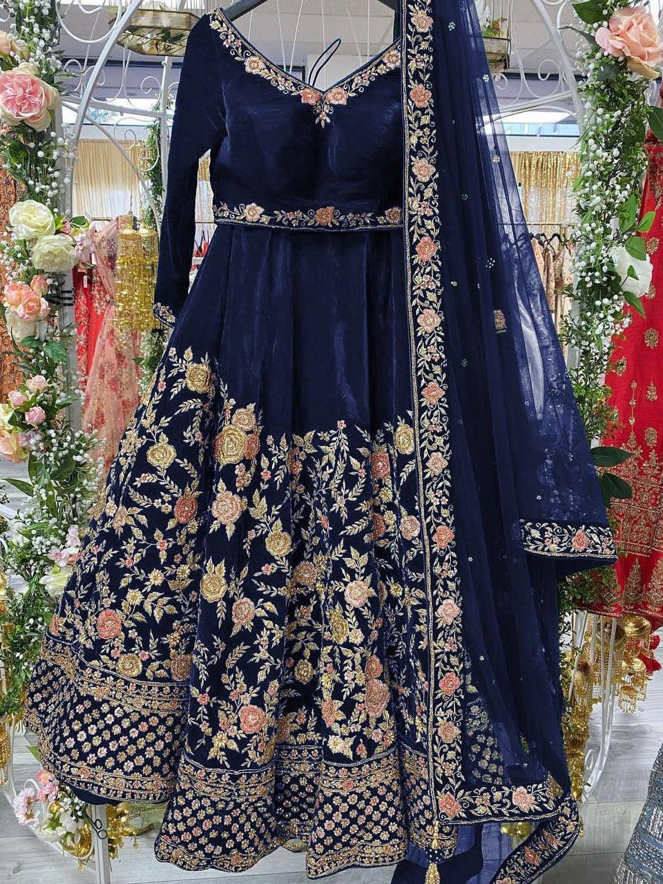 Blue Velvet Embroidery Lehenga Choli with Dupatta - Indiakreations