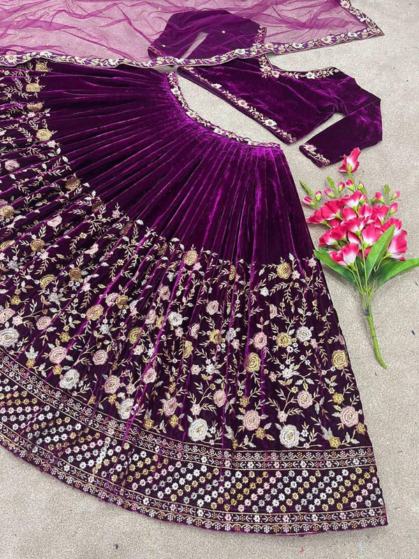 Purple Velvet Embroidery Lehenga Choli with Dupatta - Indiakreations