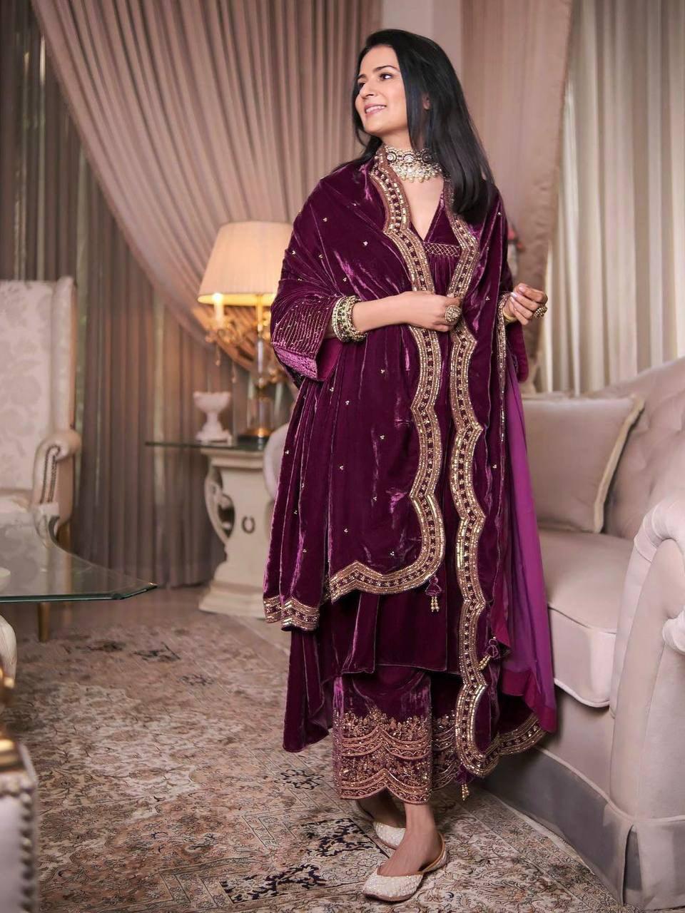 Purple Velvet Embroidery Salwar Suit with Dupatta - Indiakreations