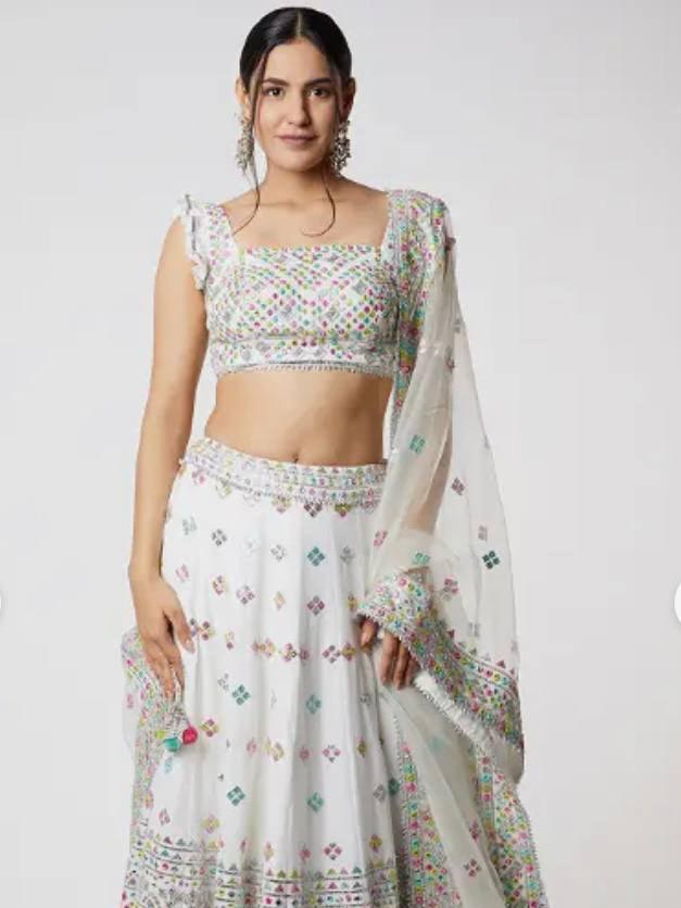 White Georgette Embroidery Lehenga Choli with Dupatta - Indiakreations