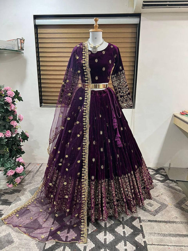 Purple Velvet Embroidery Lehenga Choli with Dupatta - Indiakreations