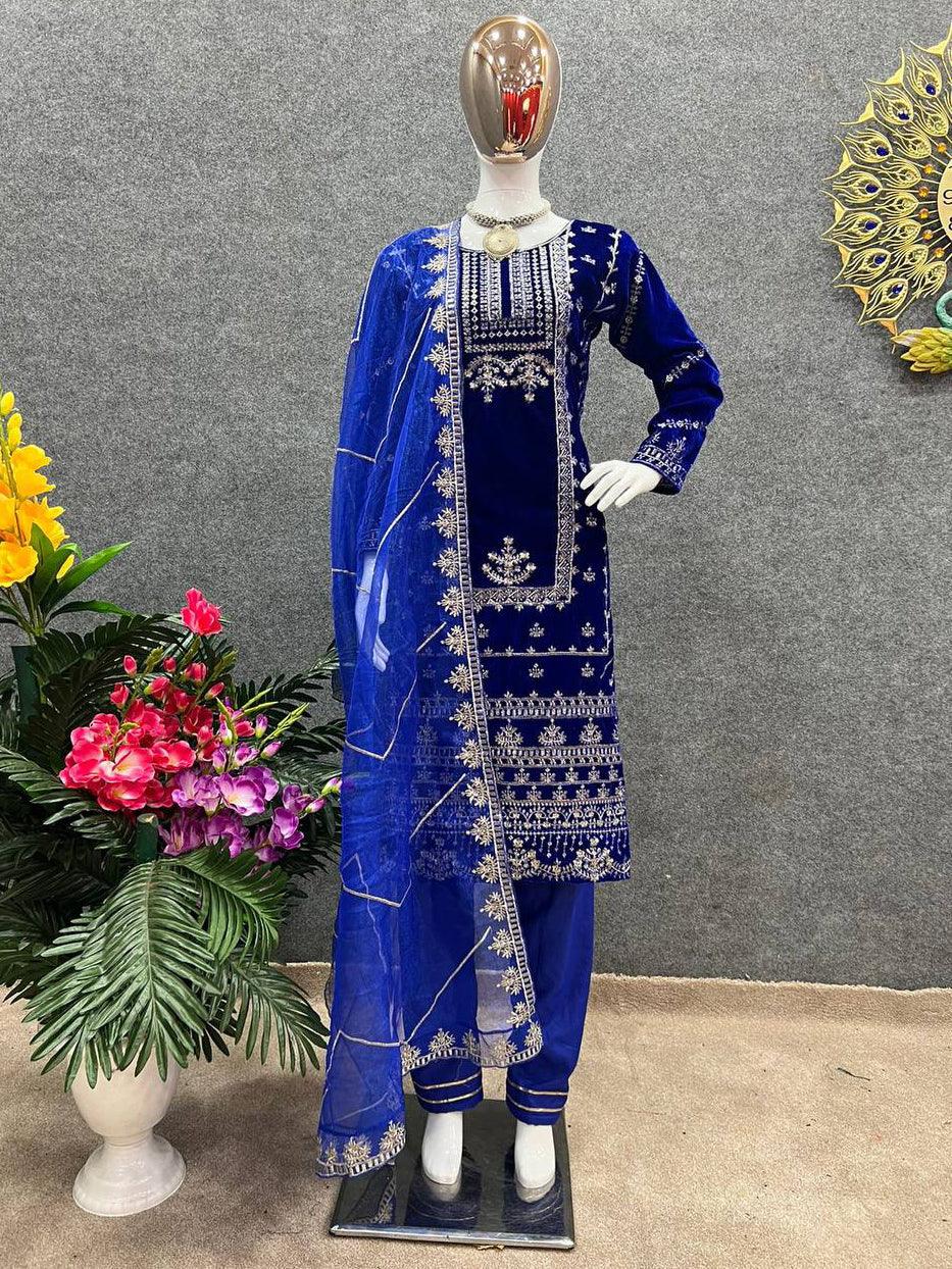 Royal Blue Velvet Embroidery Salwar Suit with Dupatta - Indiakreations