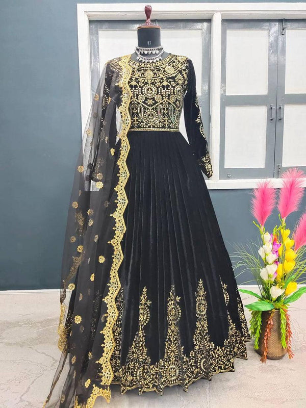 Black Velvet Embroidery Salwar Suit with Dupatta - Indiakreations