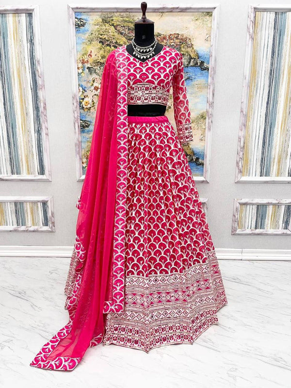 Pink Georgette Embroidery Lehenga Choli with Dupatta - Indiakreations