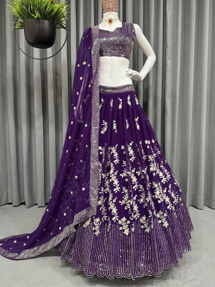 Violet Georgette Embroidery Lehenga Choli with Dupatta - Indiakreations