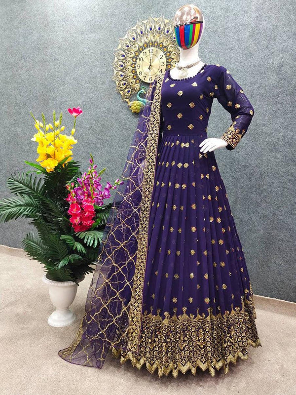 Violet Purple Georgette Embroidery Salwar Suit with Dupatta - Indiakreations