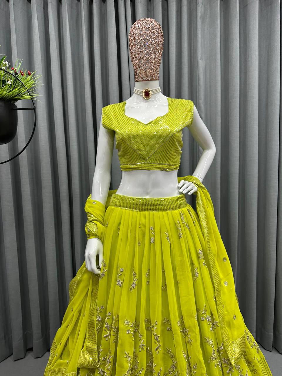 Lemon Yellow Georgette Embroidery Lehenga Choli with Dupatta - Indiakreations