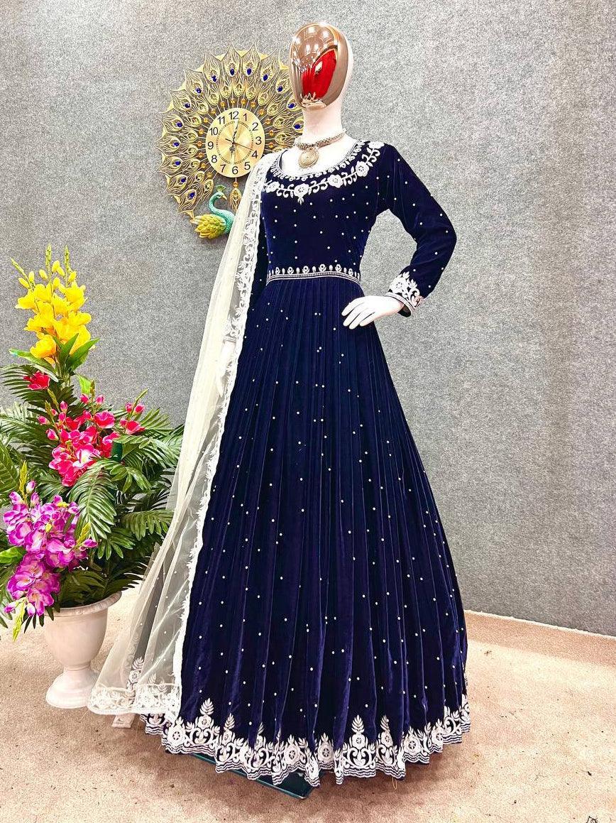 Navy Blue Velvet Embroidery Salwar Suit with Dupatta - Indiakreations