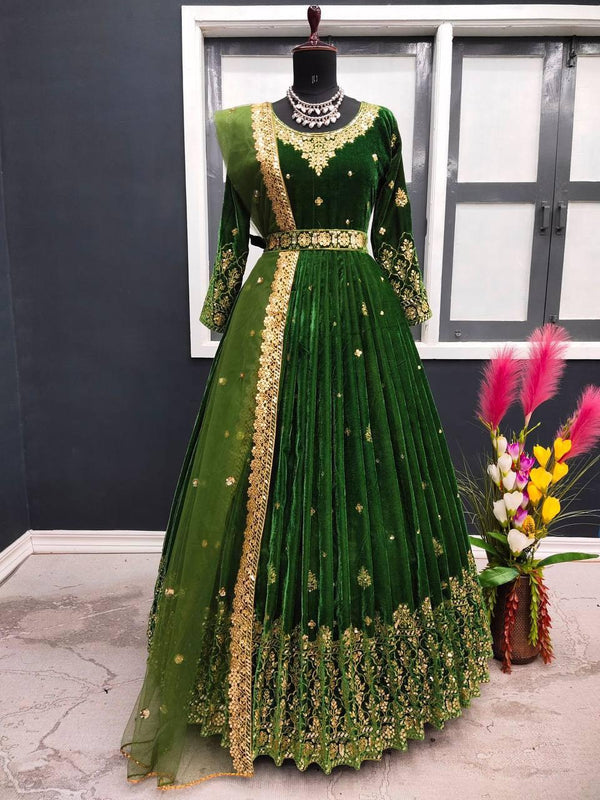 Green Velvet Embroidery Salwar Suit with Dupatta - Indiakreations